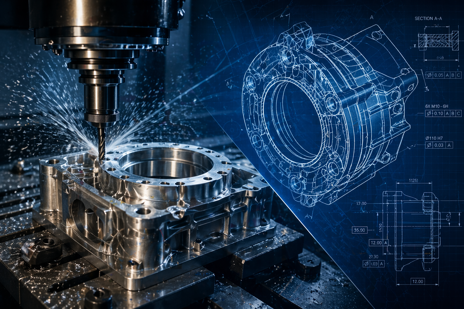 Mechanical engineering, CNC machining, and technical blueprint composite