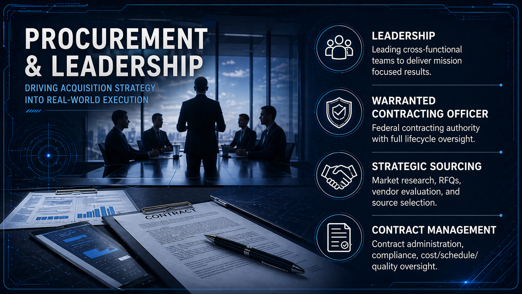 Procurement, contracting, supplier coordination, and leadership