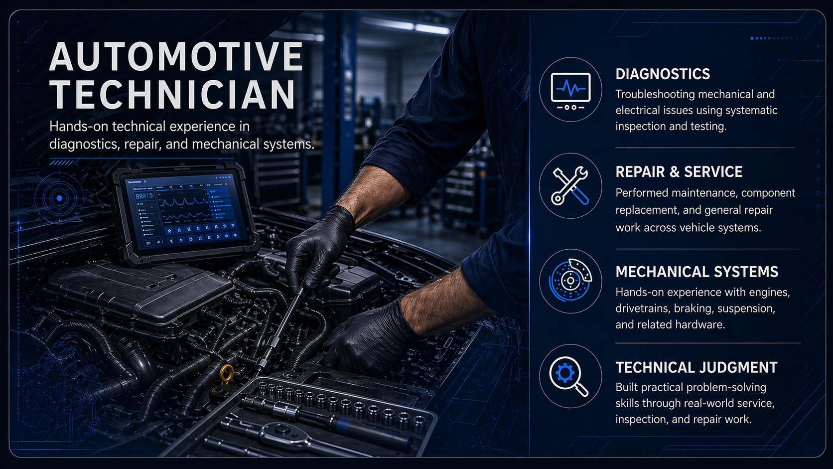 Automotive technician experience, diagnostics, tools, and mechanical systems